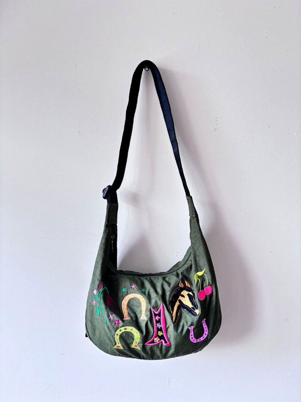 Baggu x Jessica Williams Medium Crescent Bag Army Green Embroidered Western